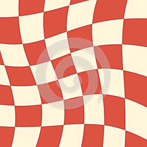 Seamless abstract background with wavy distorted checkerboard pattern in red and white